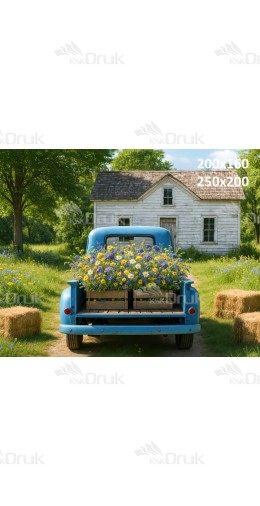 Tło fotograficzne „Niebieski pickup na letniej polnej drodze” | E_736